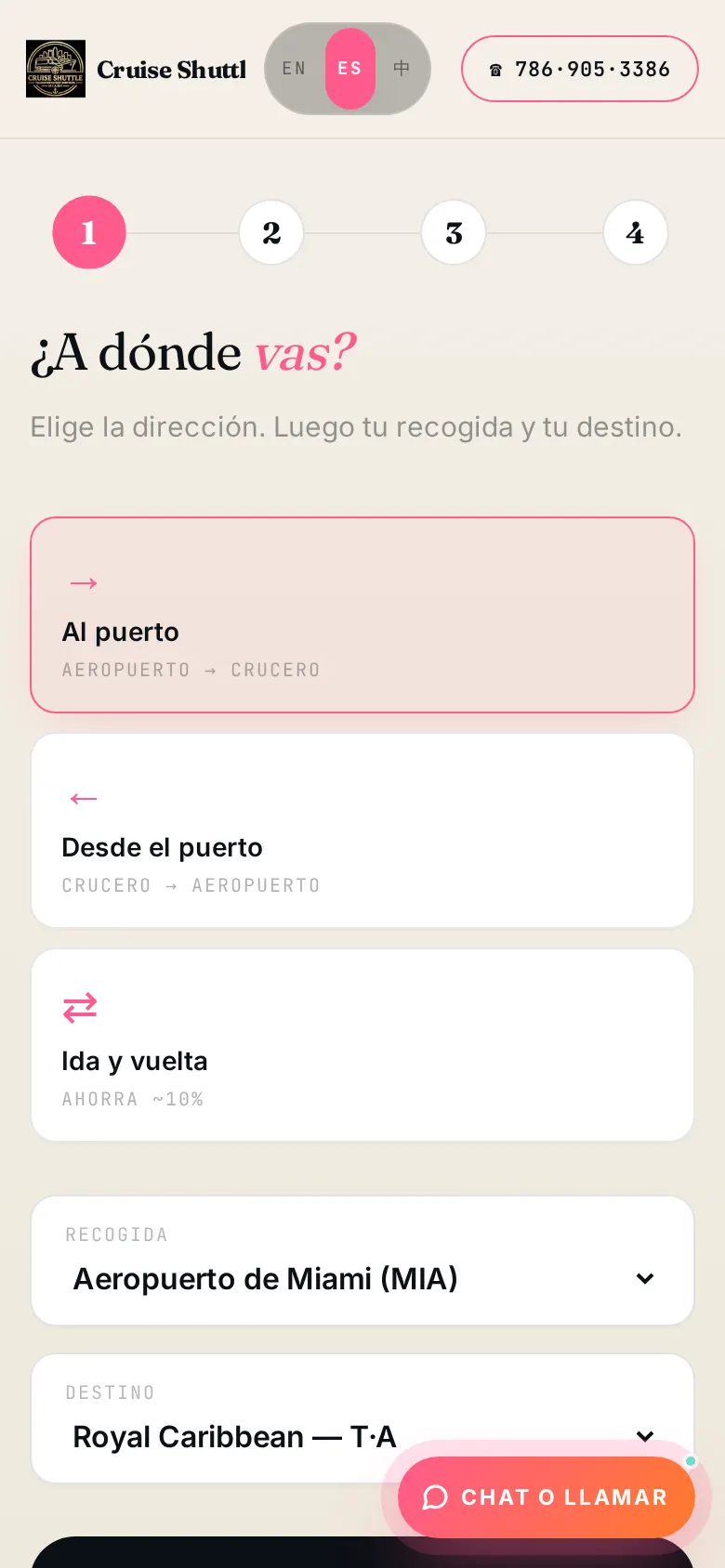 Step one of the Spanish booking flow on a phone