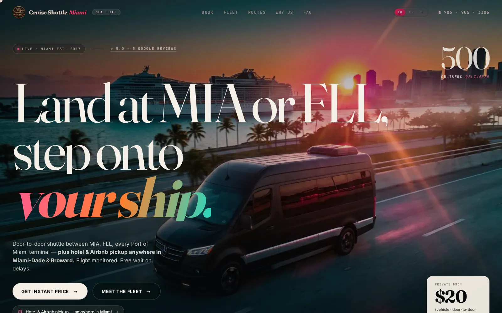 Cruise Shuttle Miami homepage — a shuttle van on the MacArthur Causeway at sunset with a cruise ship behind