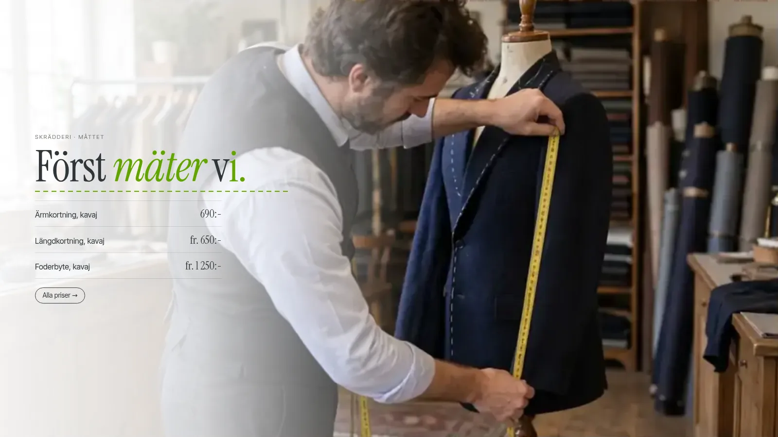 Levino prototype — the tailor measuring a navy blazer, with the price caption over the scene
