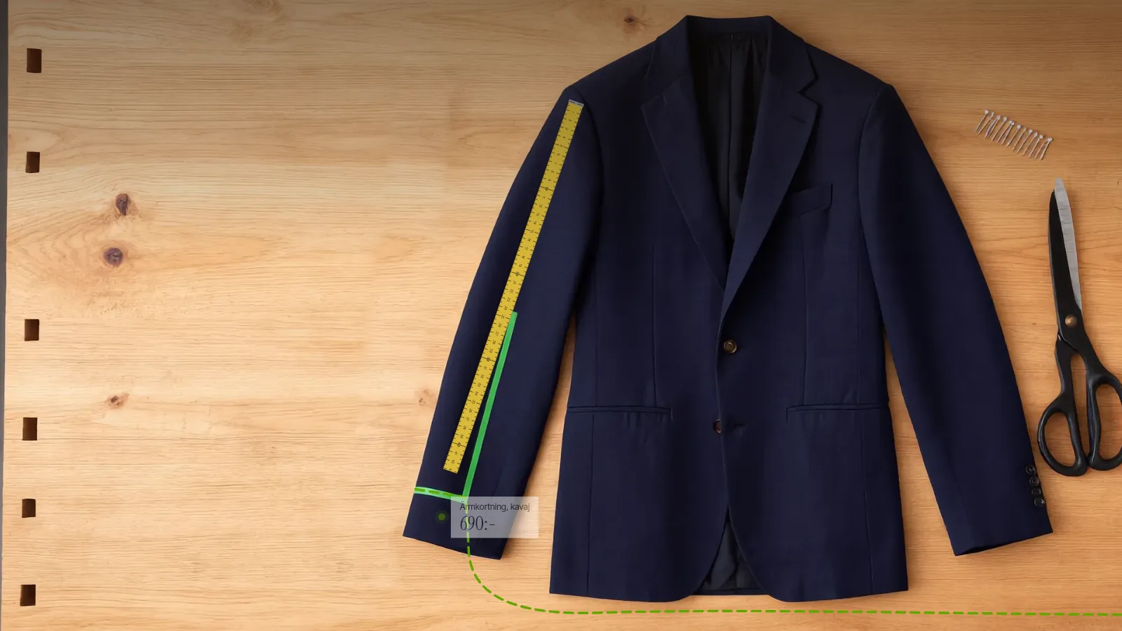 The tape measure unrolling along the sleeve on the tailor's table