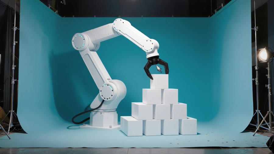 A friendly robot arm handling repetitive office tasks