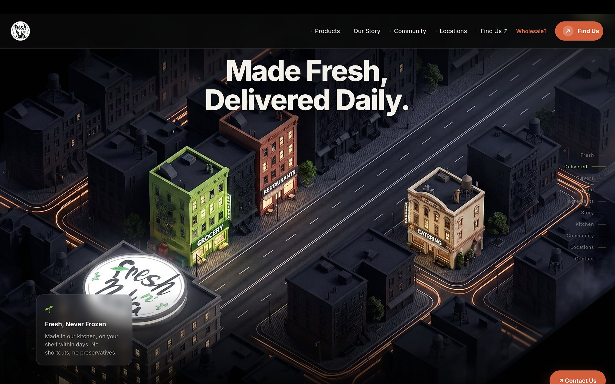 Fresh 'n Nova — isometric delivery truck driving a night city
